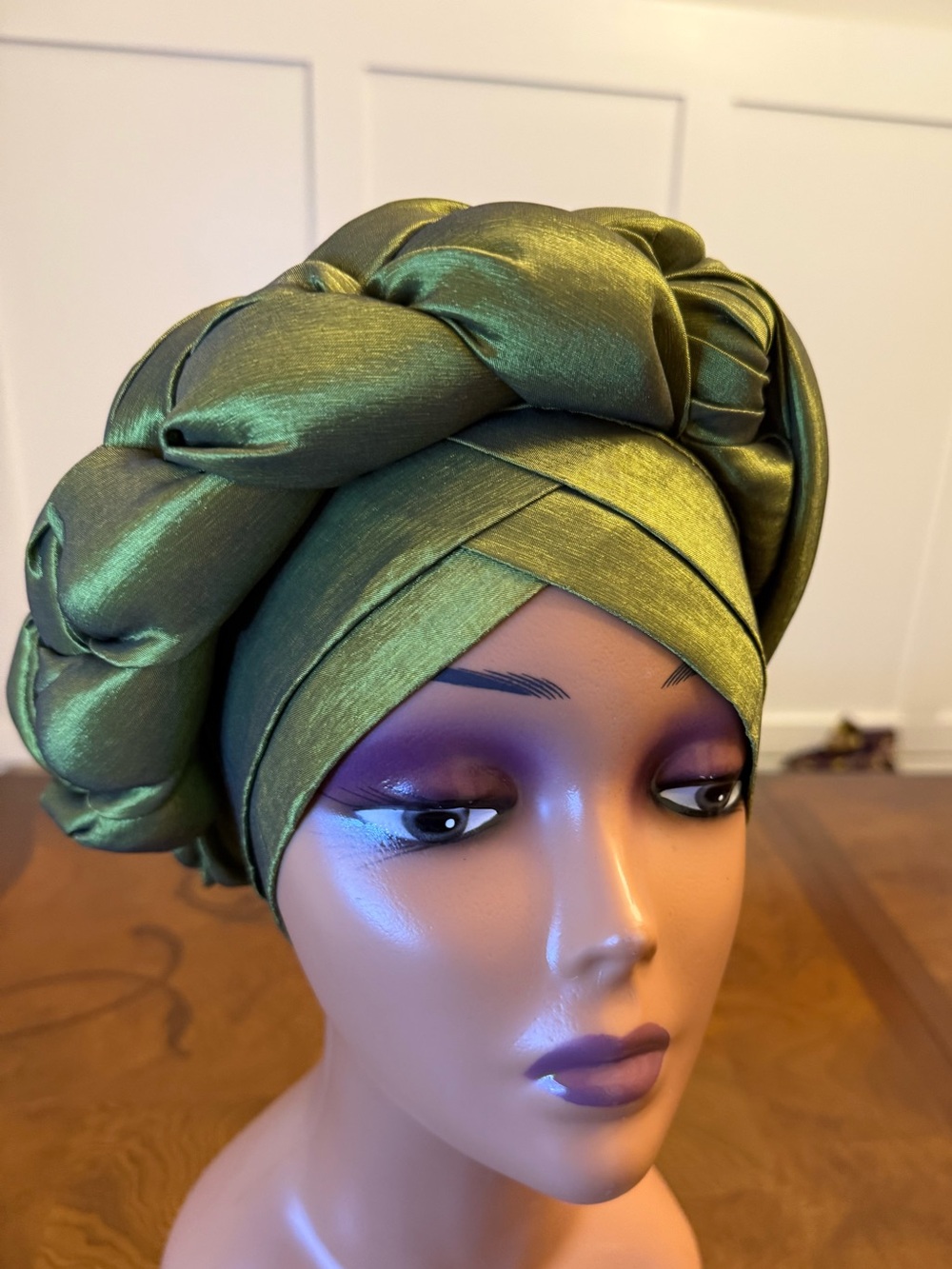 Green Satin Braided Turban Head Wrap